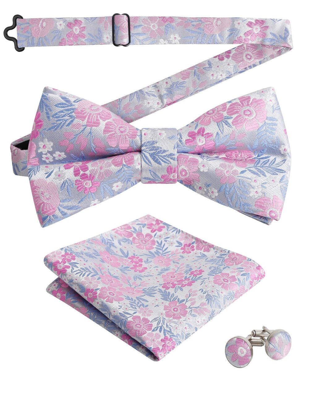 1654 3pcs Floral Pattern Pre-tied Bow Tie Pocket Square and Cufflinks Set